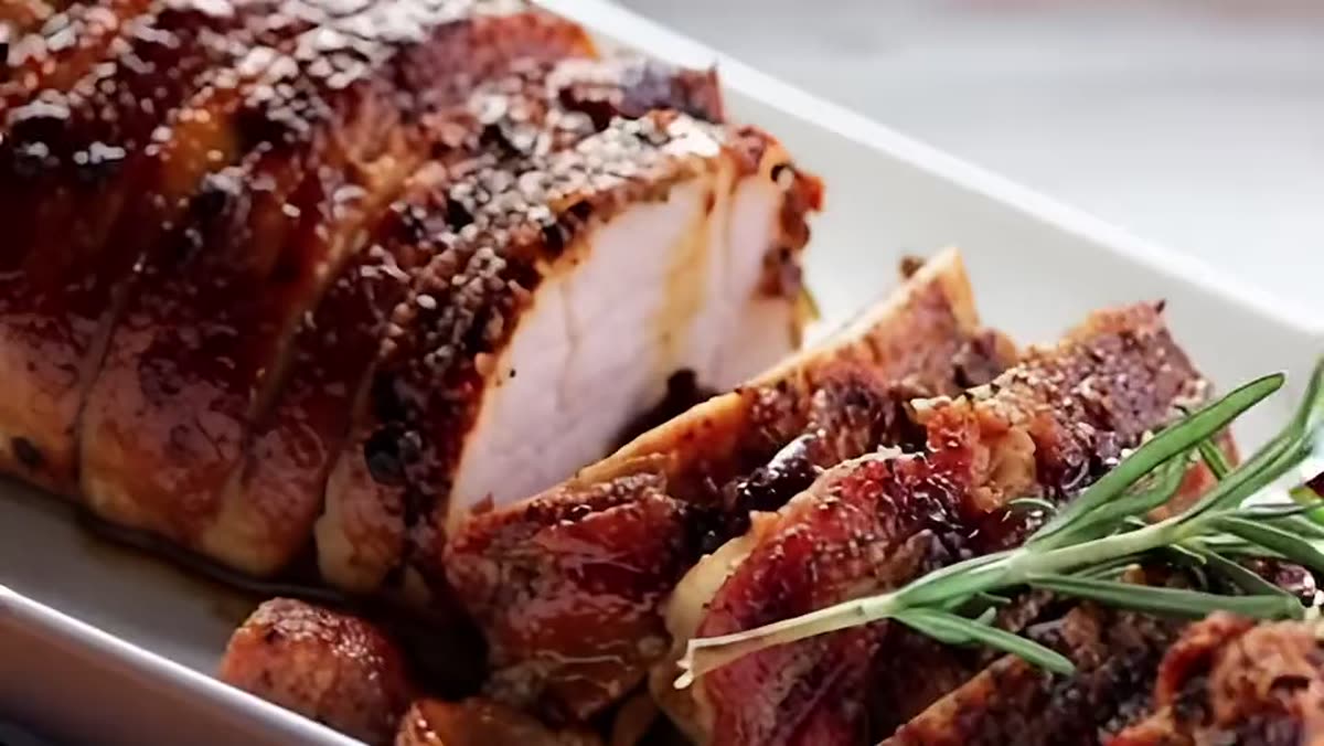 Sliced roasted pork loin with rosemary and pan sauce