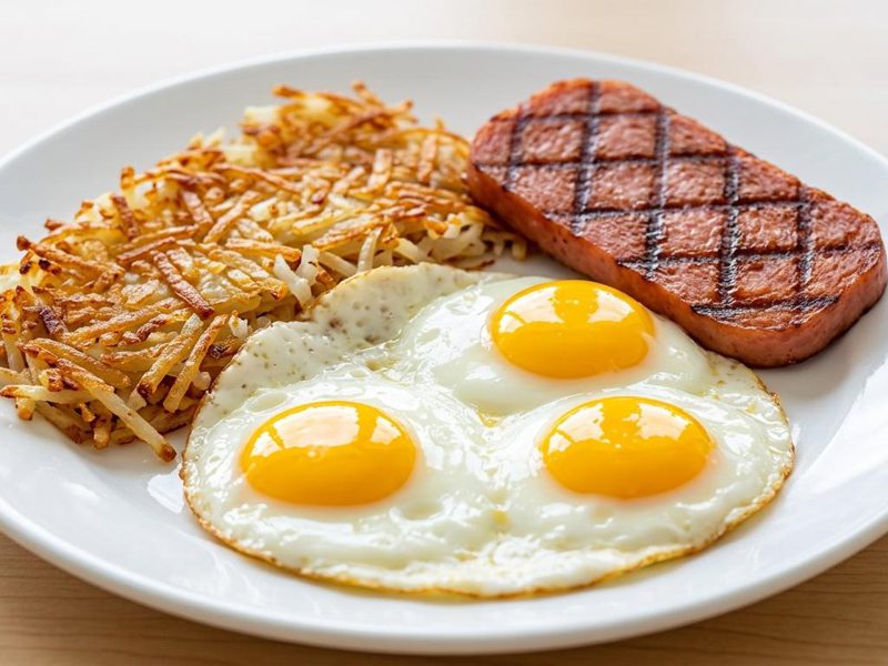 Smokehouse Combo — smoked kielbasa with two eggs, hash browns, and two pancakes